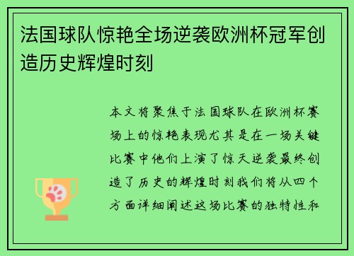 法国球队惊艳全场逆袭欧洲杯冠军创造历史辉煌时刻