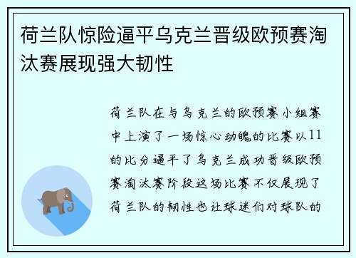 荷兰队惊险逼平乌克兰晋级欧预赛淘汰赛展现强大韧性