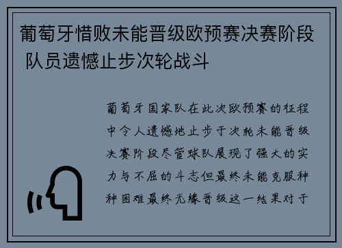 葡萄牙惜败未能晋级欧预赛决赛阶段 队员遗憾止步次轮战斗
